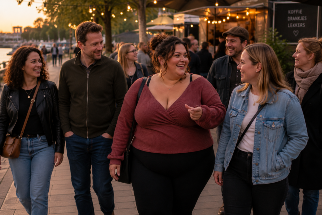 Diverse groep volwassenen wandelt en praat ontspannen tijdens een sociale activiteit aan het water