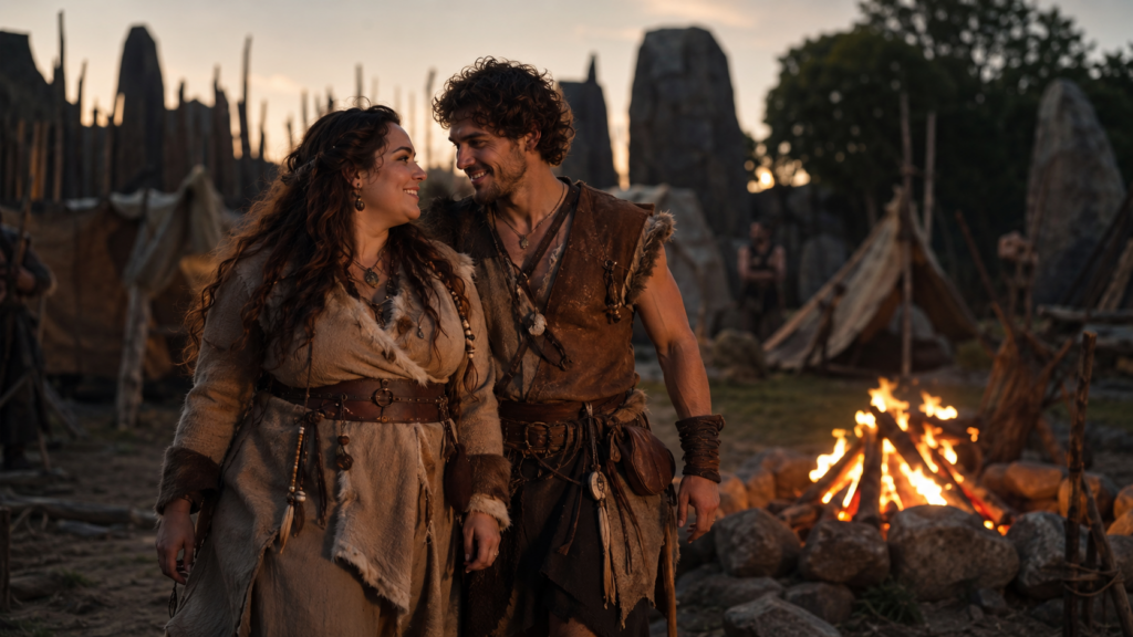 Volle vrouw en haar partner in prehistorische LARP-kleding wandelen samen langs een kampvuur.
