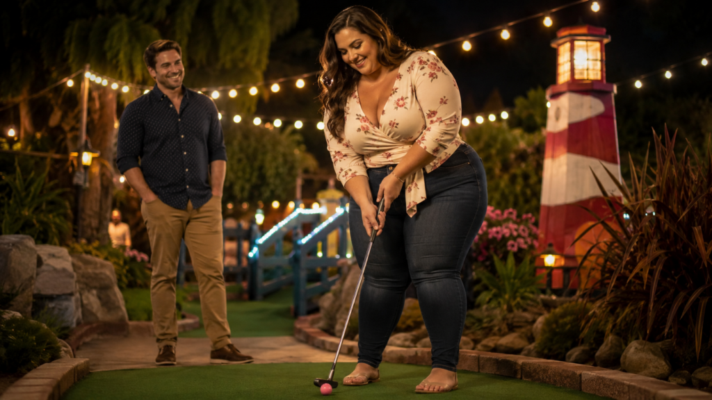 Volle vrouw speelt minigolf tijdens een gezellige date in warme avondverlichting.