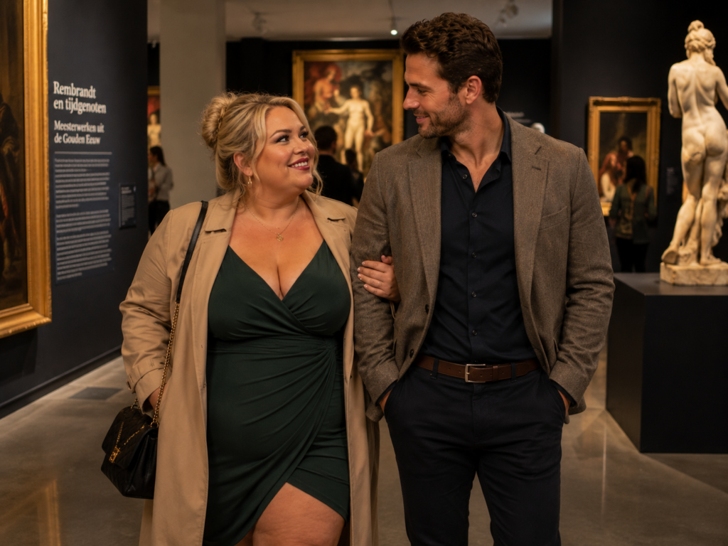 Volle blonde vrouw en sportieve man wandelen samen door een moderne expositie tijdens een culturele date.