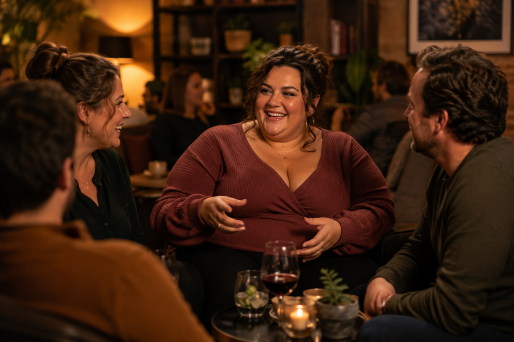 Volle vrouw lacht tijdens een warm gesprek met andere volwassenen in een gezellige lounge