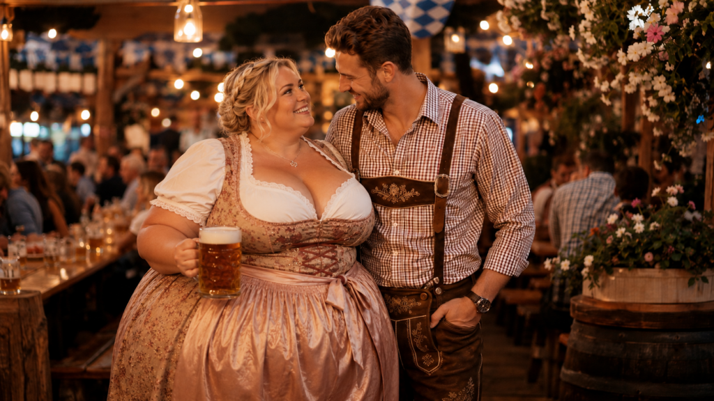 Zeer volle blonde vrouw in dirndl en haar partner in lederhosen genieten samen van een feestelijke Oktoberfest-date.