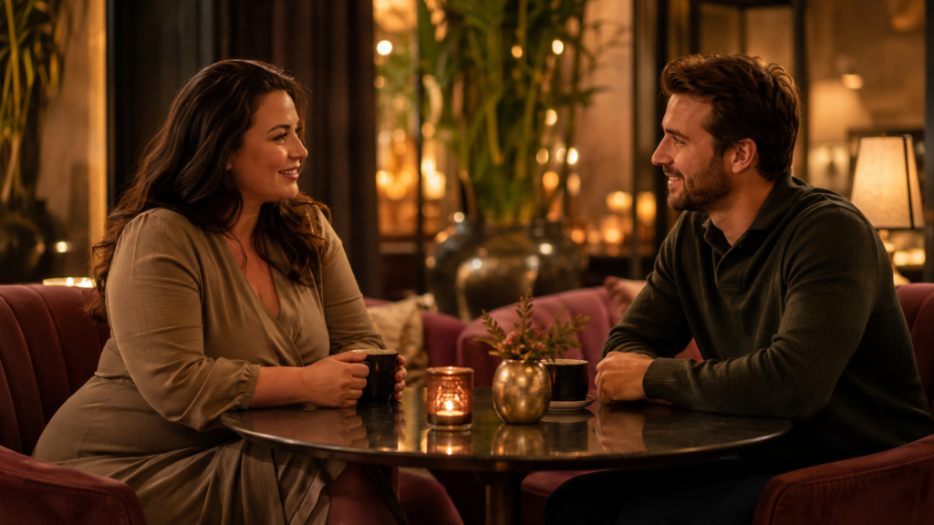 Curvy vrouw en man zitten ontspannen tegenover elkaar tijdens een eerste date in een warme bar.