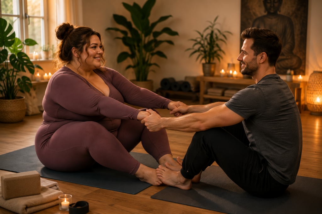 Plus-size vrouw en sportieve man doen samen een rustige partner-yoga-oefening in een warme studio.