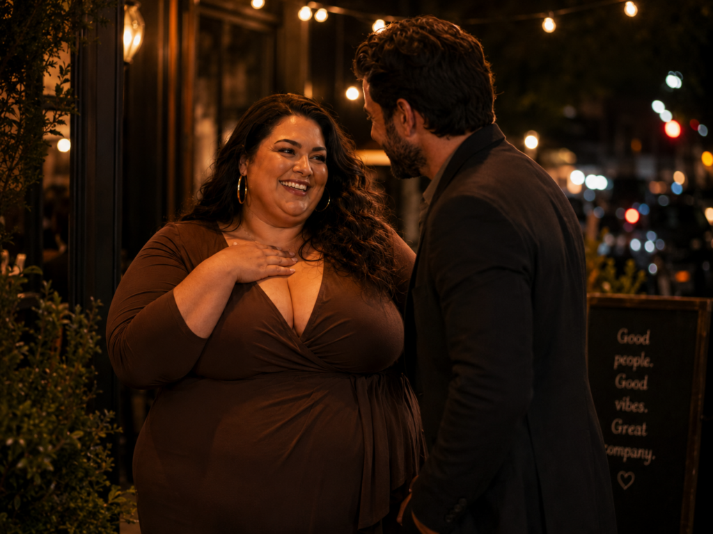 Volle vrouw en man lachen samen buiten na een date onder warme lantaarns