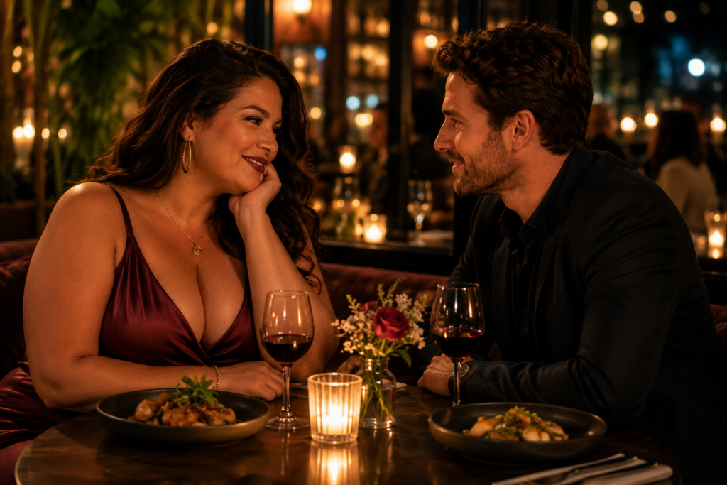 Volle vrouw en man kijken elkaar glimlachend aan tijdens een romantisch diner bij kaarslicht.