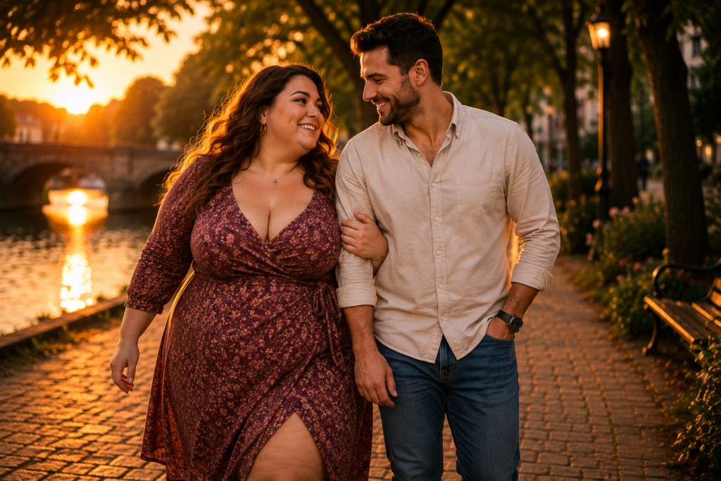 Volle vrouw en haar partner wandelen arm in arm langs het water tijdens een romantische zonsondergang.