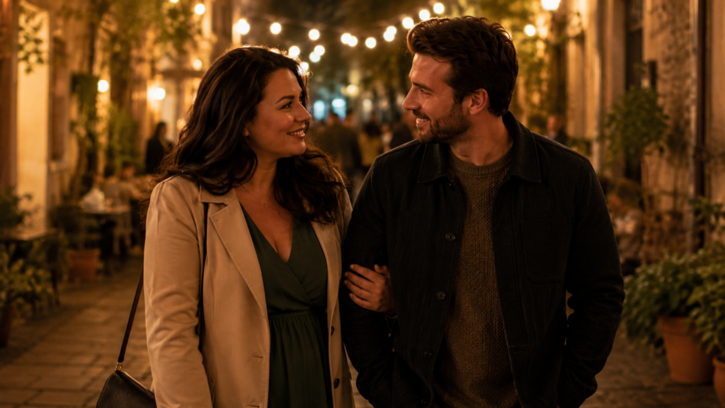 Man en vrouw wandelen glimlachend samen door een sfeervolle straat met avondverlichting.