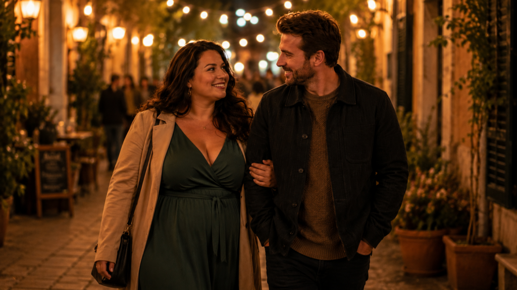 Curvy vrouw en man wandelen glimlachend samen door een sfeervolle straat met avondverlichting.