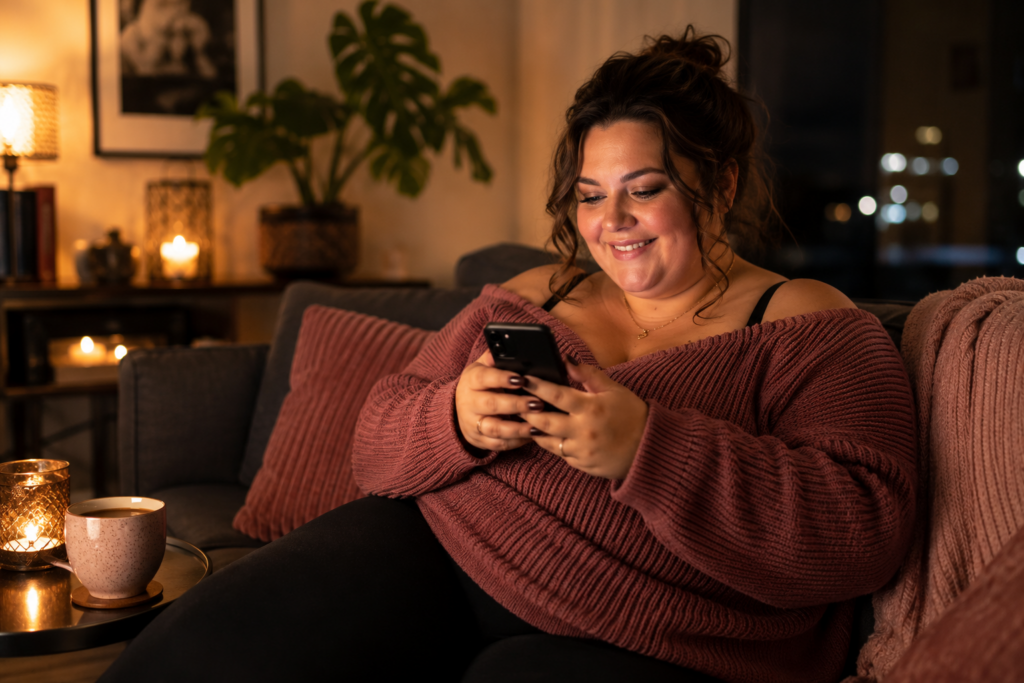 Volle vrouw glimlacht thuis tijdens een ontspannen chatgesprek met iemand die ze leert kennen