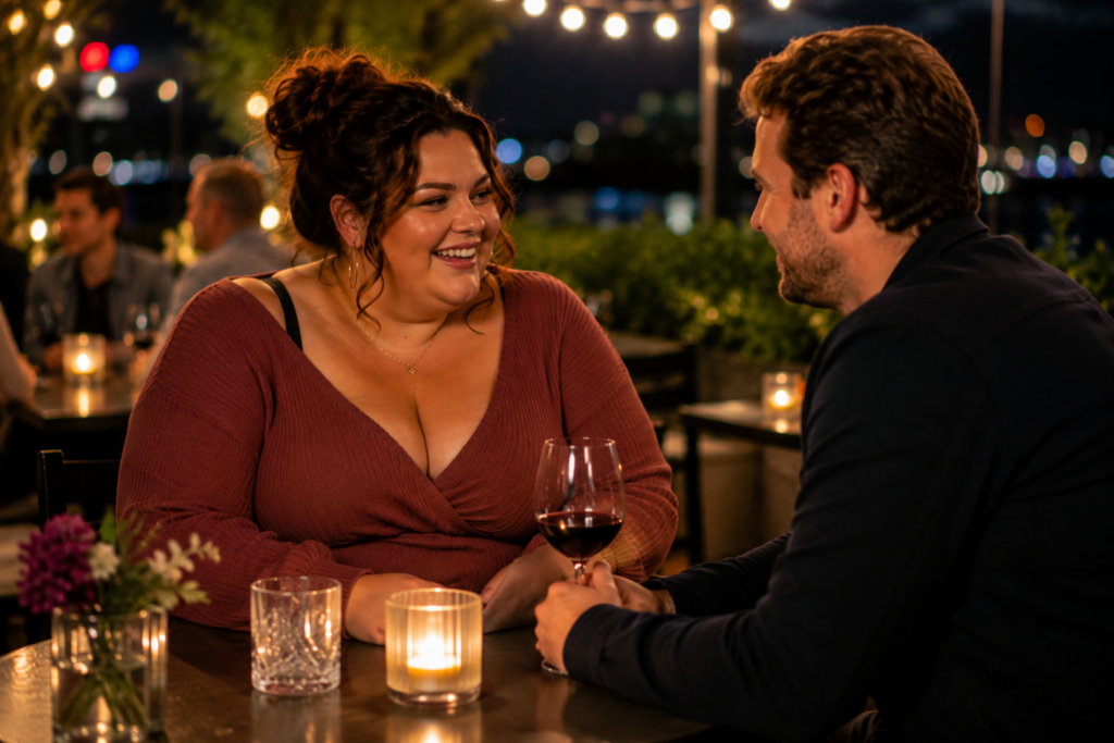 Zeer volle vrouw en man genieten van een romantisch gesprek tijdens een sfeervolle avonddate