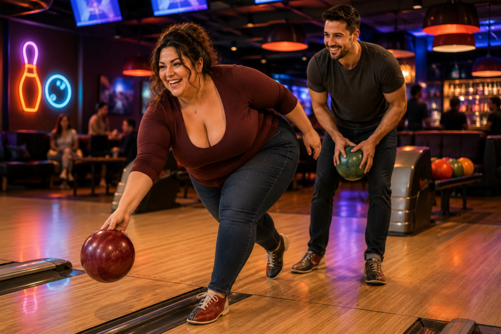 Plus-size vrouw gooit lachend een bowlingbal terwijl haar partner haar enthousiast aanmoedigt.