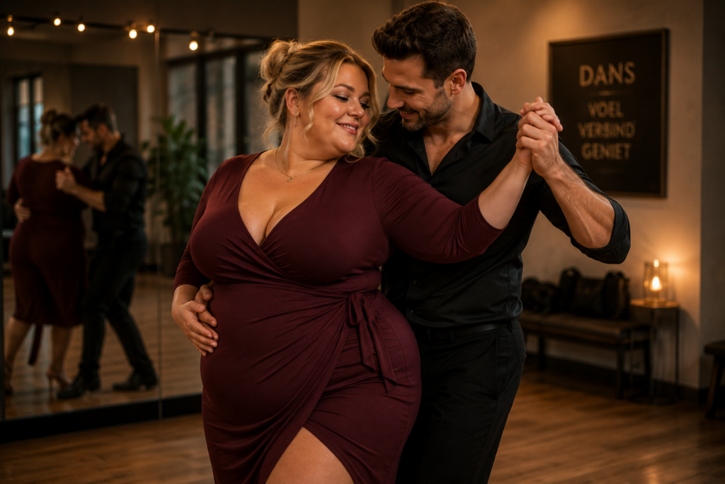 Volle blonde vrouw en haar partner dansen samen tijdens een warme en romantische dansles.