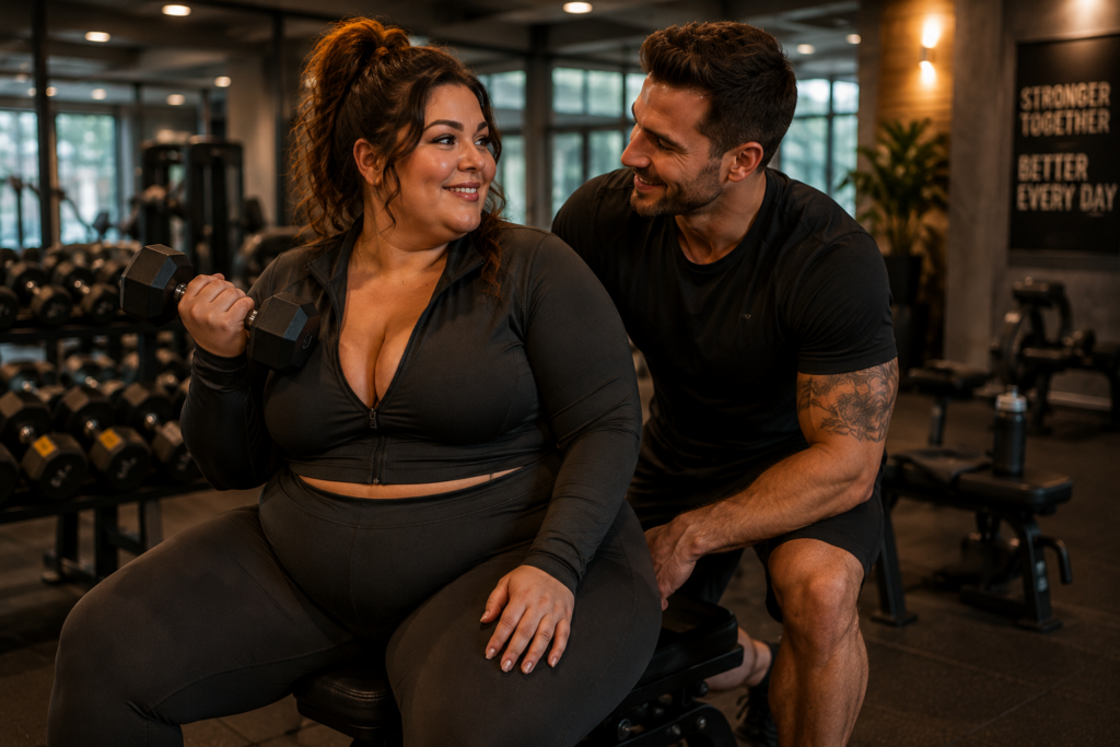 Plus-size vrouw traint met een dumbbell terwijl haar sportieve partner haar lachend aanmoedigt.
