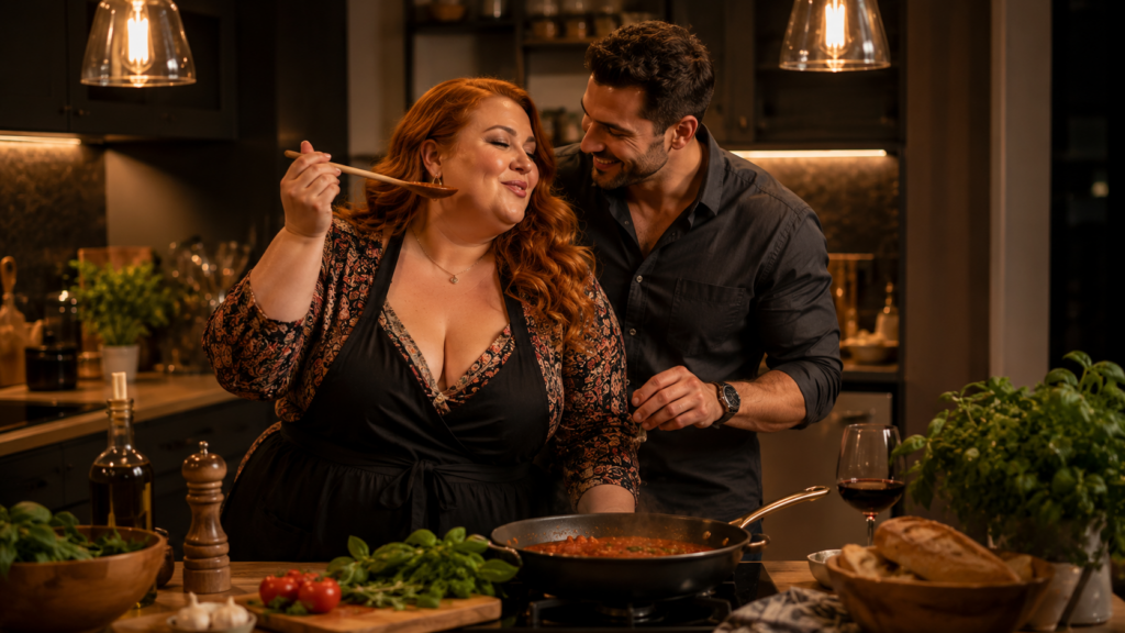 Volle roodharige vrouw en haar partner koken samen en lachen in een warme moderne keuken.
