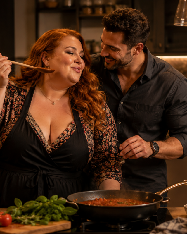 Volle roodharige vrouw en haar partner koken samen en lachen in een warme moderne keuken.