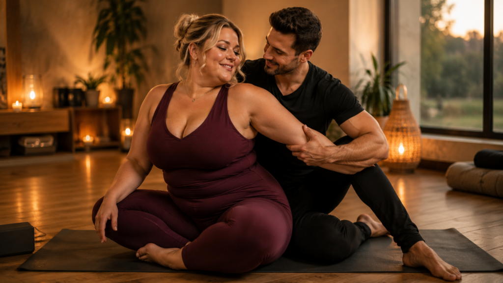 Volle blonde vrouw en sportieve man doen samen yoga en ondersteunen elkaar tijdens een rustige oefening.