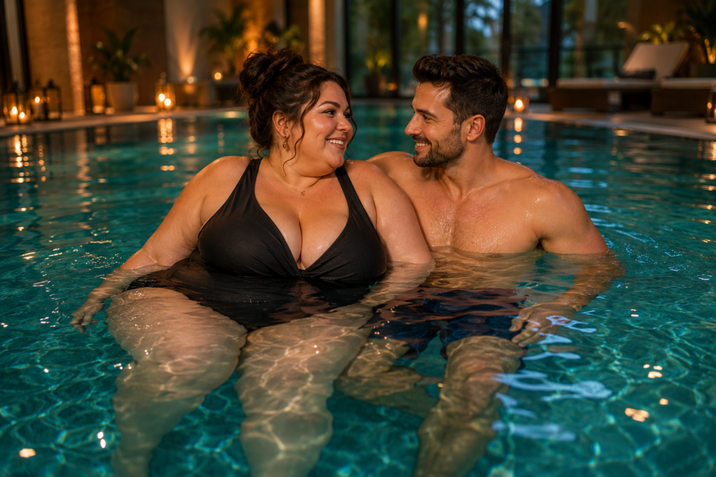 Plus-size vrouw en haar partner zwemmen samen en lachen in een warm verlicht wellnesszwembad.