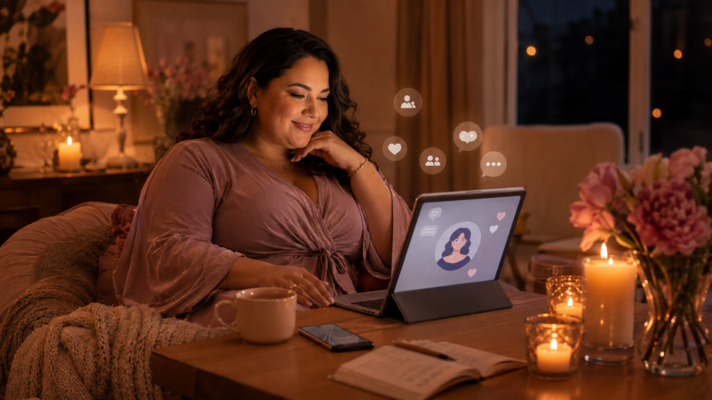 Volle vrouw bekijkt een avatarprofiel op laptop in een warme veilige thuissfeer.