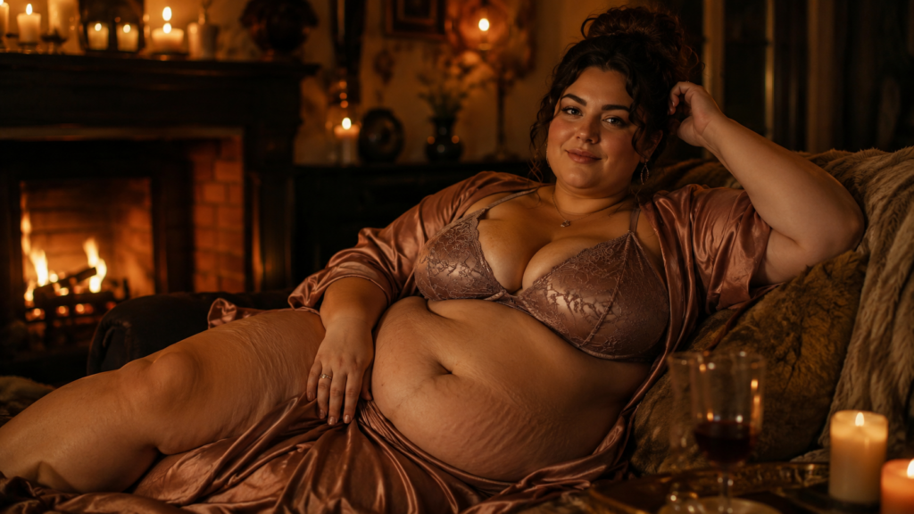 Volle vrouw in warme haardvuursfeer als symbool voor body-positive aantrekkingskracht en zachte rondingen.
