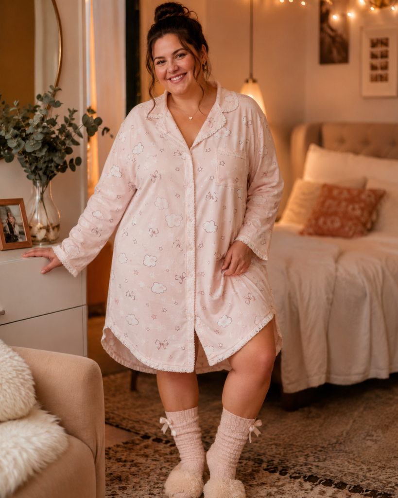 Volle vrouw staat glimlachend in een lange lichte pyjama in een warme slaapkamer