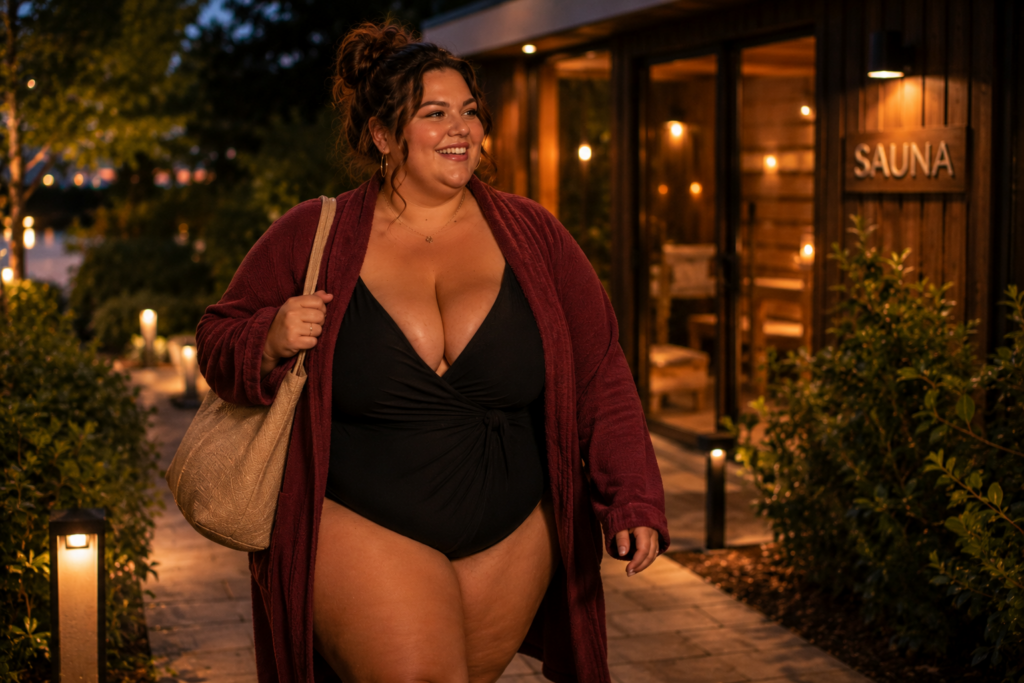 Zeer volle vrouw loopt zelfverzekerd in badjas en badpak naar een sfeervolle sauna