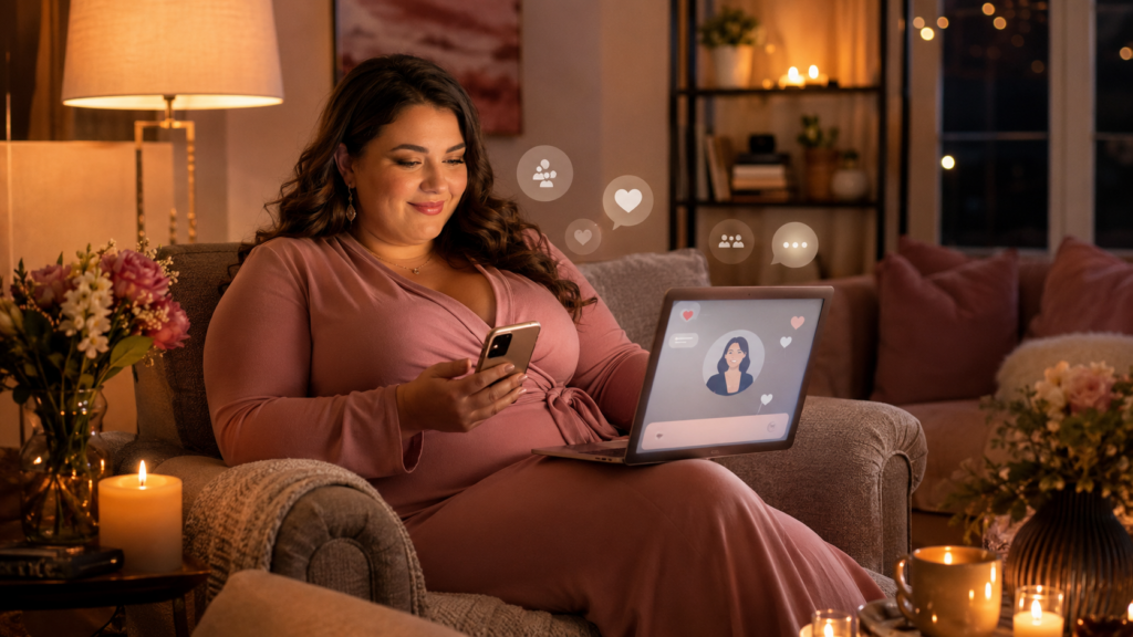 Volle vrouw voert online gesprekken via tablet in een warme kamer met kaarslicht.