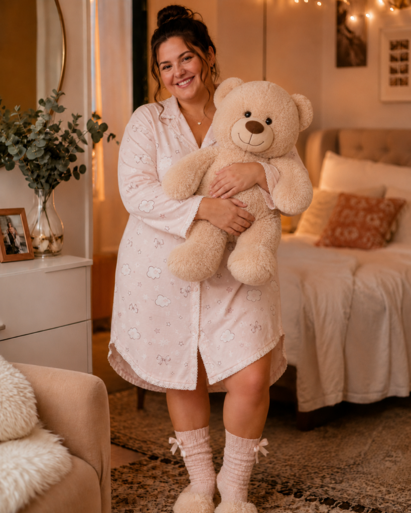 Volle vrouw glimlacht in een lichte lange pyjama terwijl ze een grote knuffelbeer vasthoudt