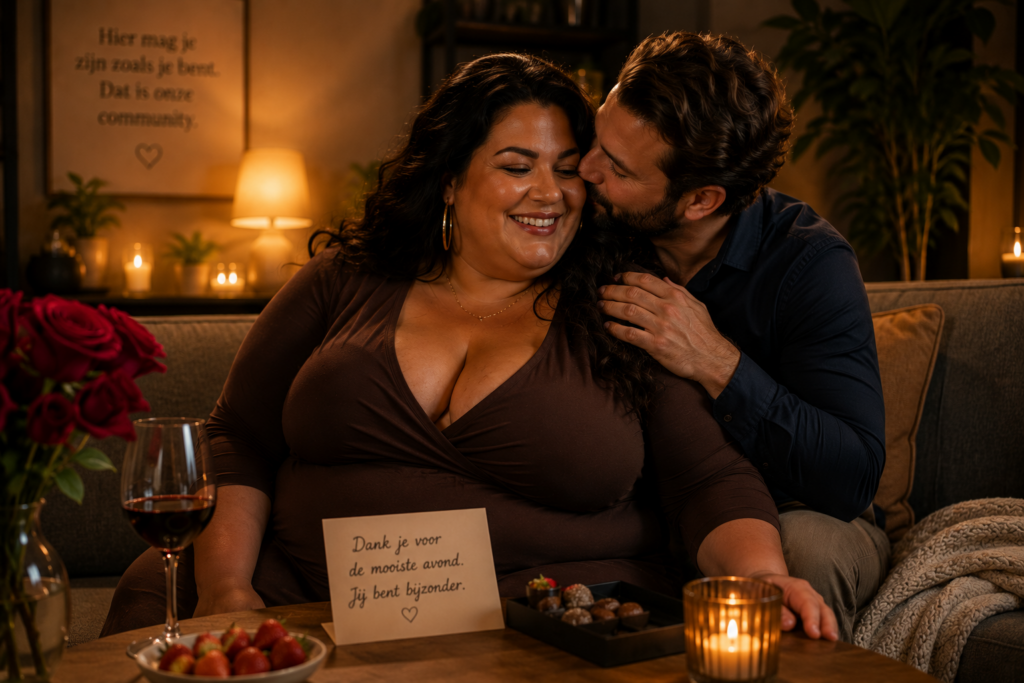 Zeer volle vrouw glimlacht op de bank terwijl haar partner haar liefdevol benadert na een warme date