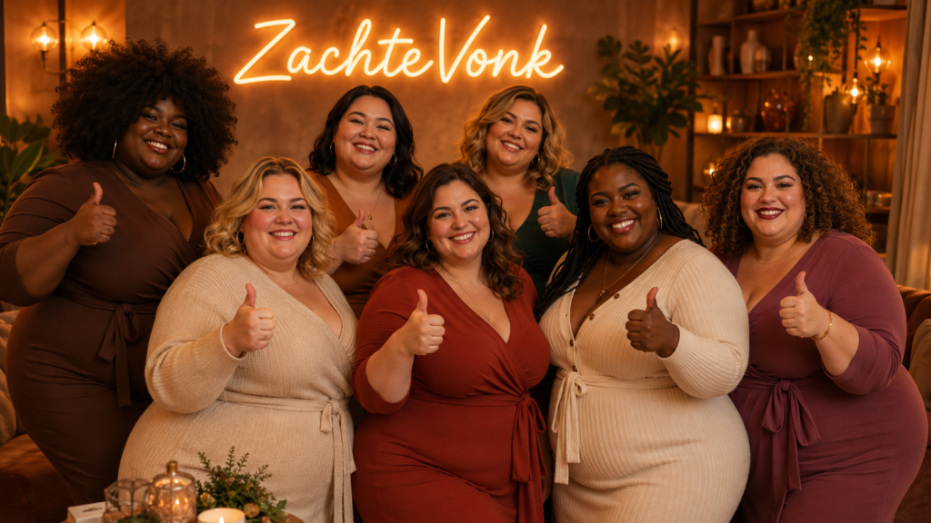Diverse volle en plus-size vrouwen geven lachend een duim omhoog voor ZachteVonk.