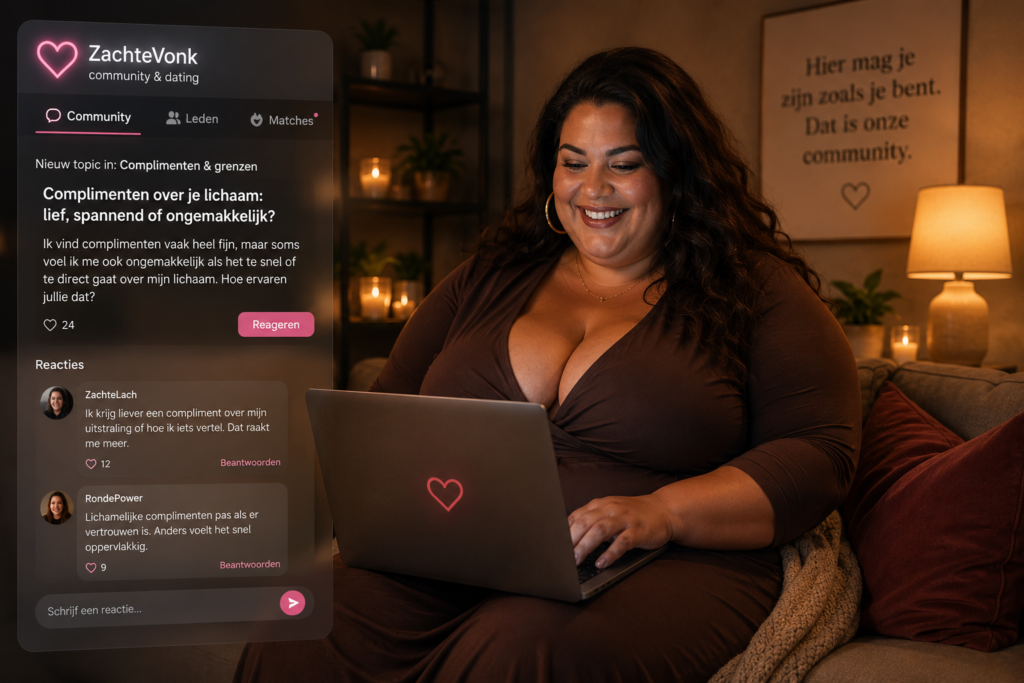 Volle vrouw leest thuis een ZachteVonk-communitygesprek over complimenten, lichaam en grenzen