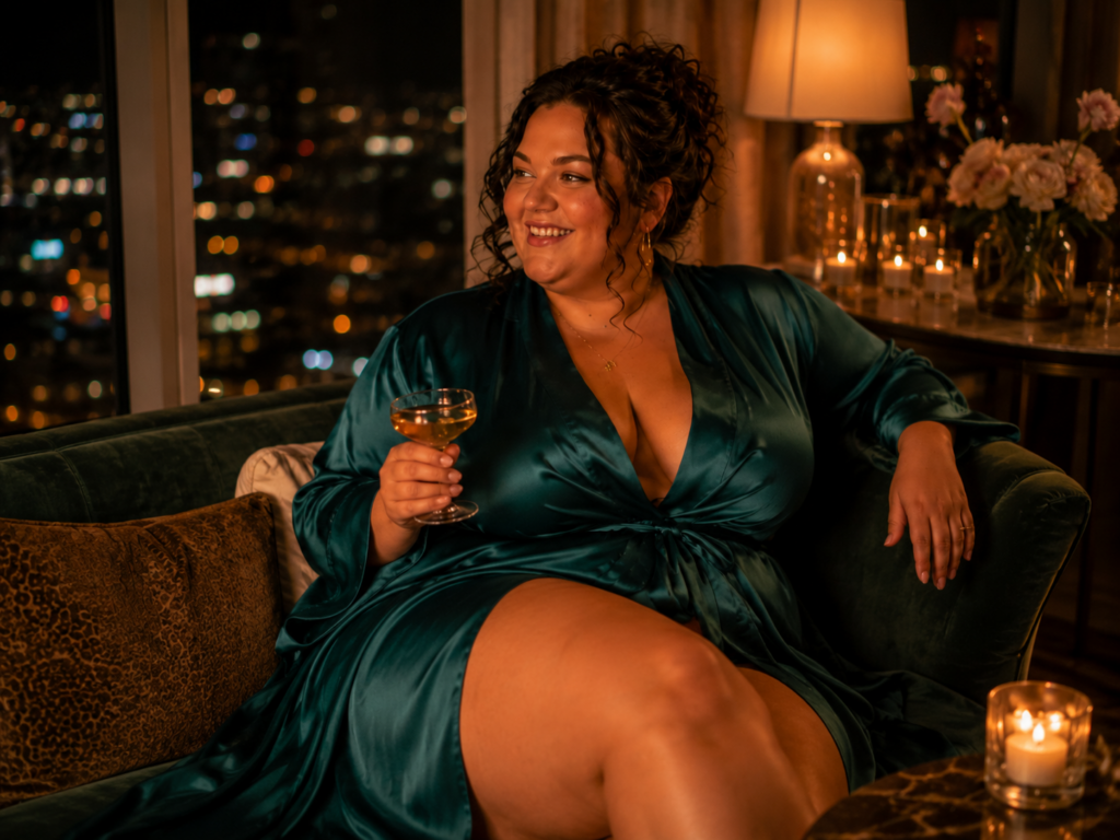 Zeer volle vrouw zit ontspannen in een luxe lounge met satijnen robe en warme avondverlichting
