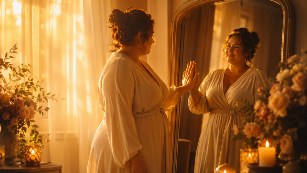 Volle vrouw in warme kamer raakt haar spiegelbeeld aan als symbool voor zelfacceptatie en curvy dating.