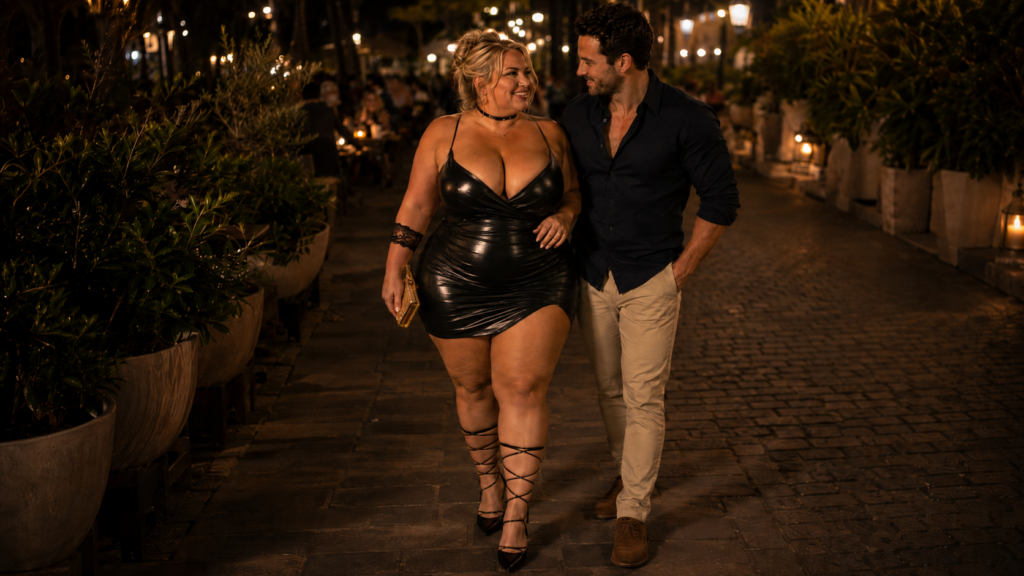 Volle blonde vrouw in zwarte glanzende jurk wandelt zelfverzekerd met een sportieve man door een sfeervolle straat.