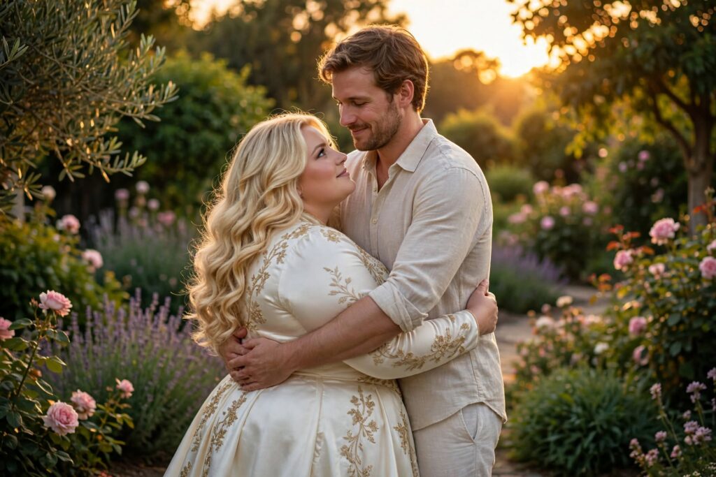 Man omhelst teder zijn volle blonde SSBBW partner in ivoorwitte satijnen jurk in romantische rozentuin bij zonsondergang, zij kijkt liefdevol op naar zijn kin en borst