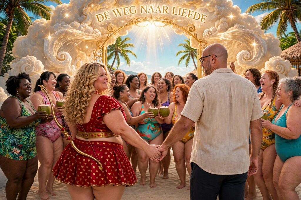 Mascotte Cindy de cupido in rode outfit met gouden boog leidt man hand in hand door gouden poort De Weg Naar Liefde naar tropisch strandfeest met diverse groep lachende volle BBW vrouwen met kokosnoten