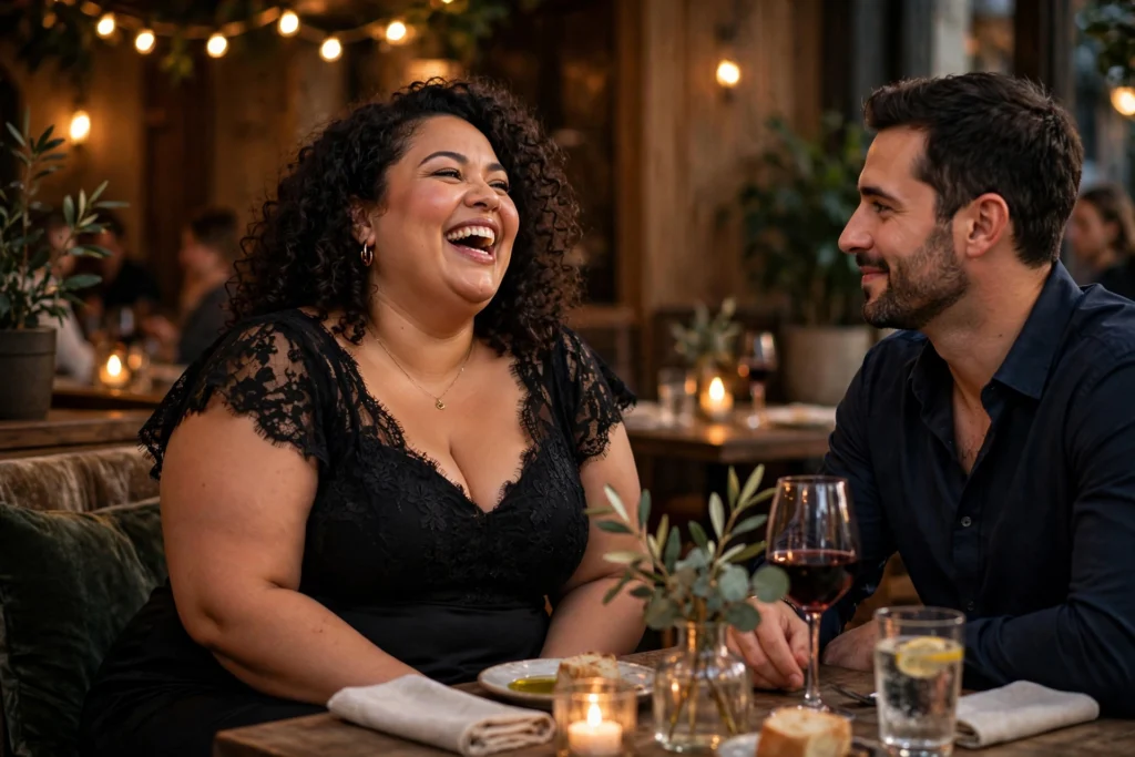 Volle vrouw lacht zelfverzekerd tijdens romantische date terwijl man haar respectvolle aandacht geeft - curvy aantrekkingskracht met respect