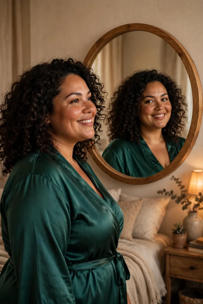 Zeer volle vrouw kijkt glimlachend naar zichzelf in de spiegel in groene satijnen robe - zelfbeeld en body confidence