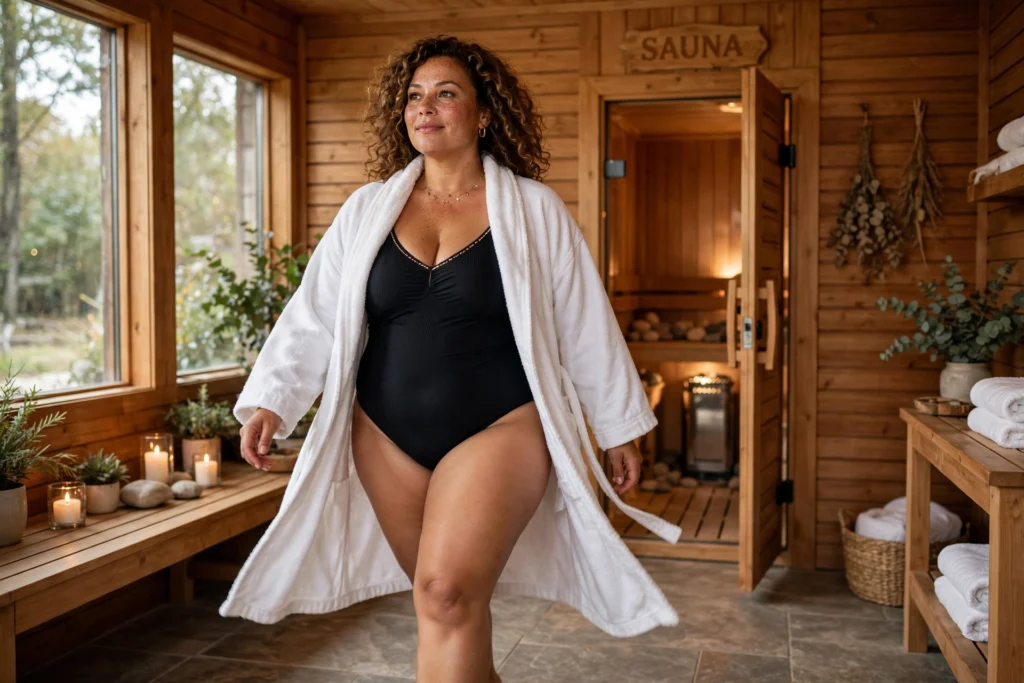 Zeer volle vrouw loopt zelfverzekerd in badjas en elegant badpak naar sfeervolle sauna - je aantrekkelijk voelen in eigen lichaam
