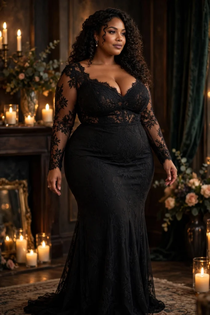 Zeer volle BBW vrouw met grote borsten en volle heupen in zwarte kanten avondjurk - sexy curvy vrouw