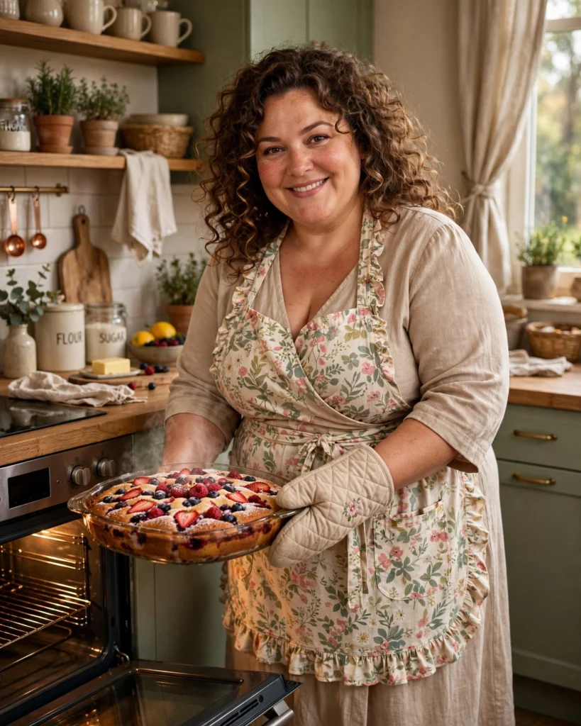 Zeer volle vrouw met schort haalt zelfgebakken bessen cake uit oven - mollige vrouw houdt van bakken en genieten