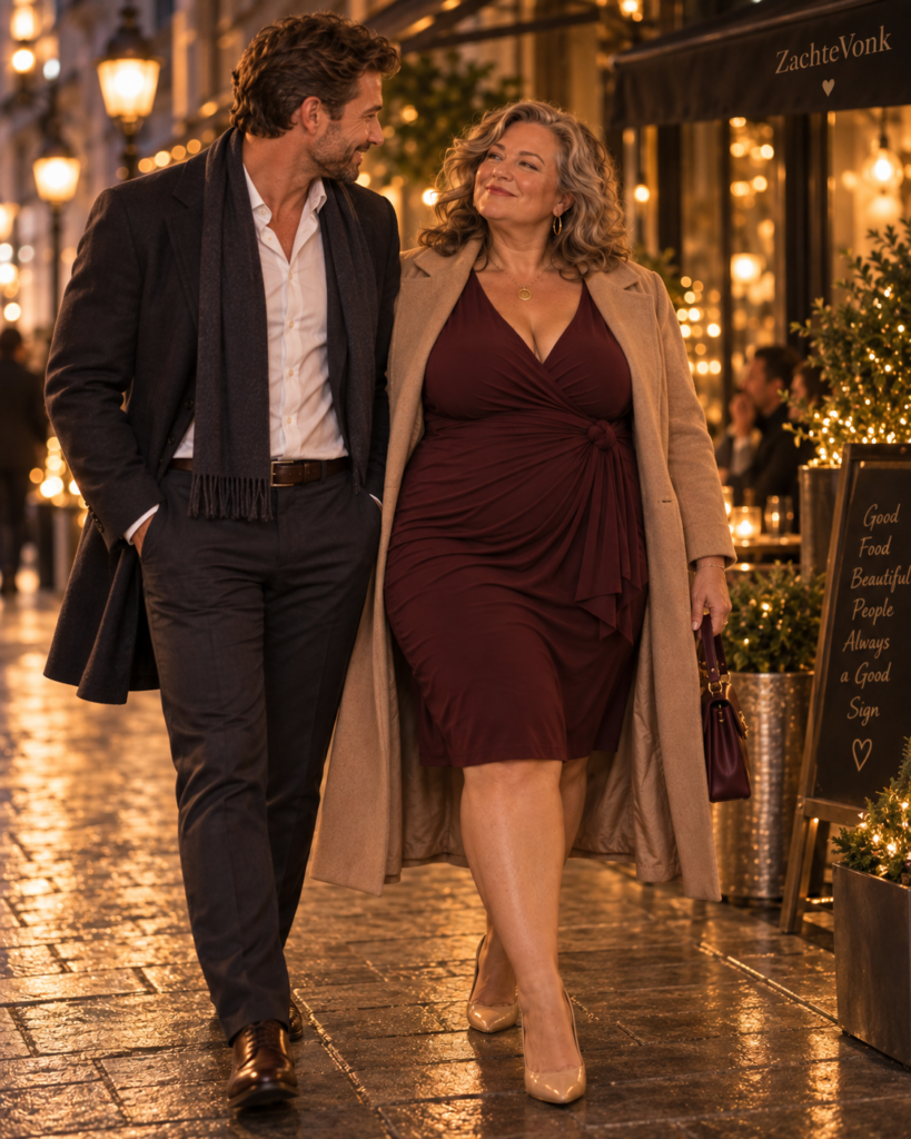 Jonge volle vrouw en man lopen dicht naast elkaar en kijken elkaar tijdens een eerste date intens aan