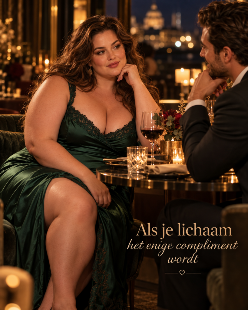 Volle vrouw tijdens een stijlvolle date over aandacht die vooral op haar lichaam gericht is