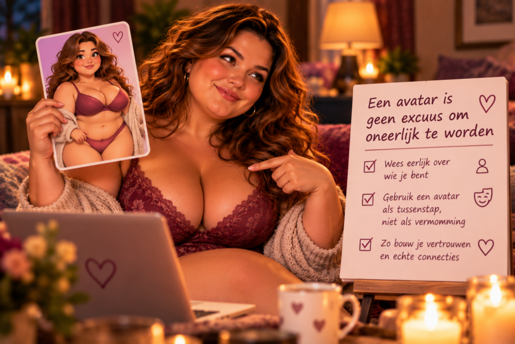 Volle vrouw toont een avatar die eerlijk aansluit bij haar werkelijke uiterlijk