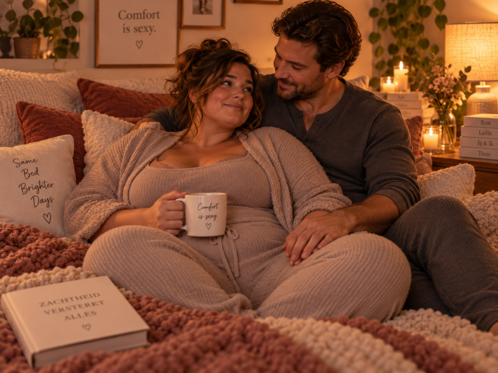Volle vrouw zit ontspannen tussen kussens en dekens naast haar partner terwijl ze elkaar warm aankijken