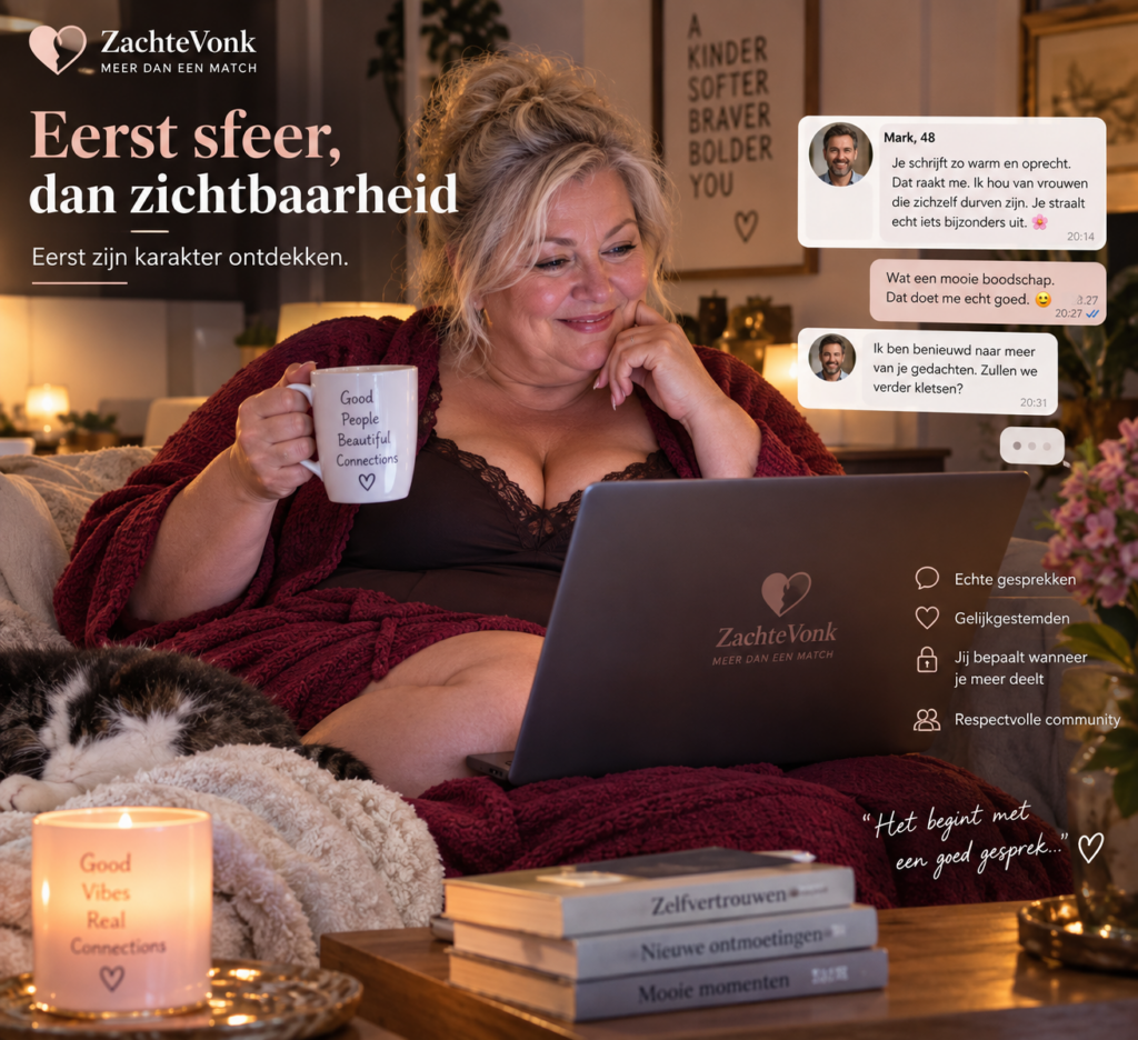 Zeer volle vrouw leest thuis glimlachend een warme communityreactie van een man op haar laptop