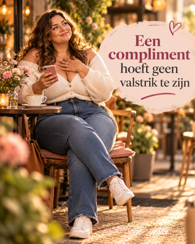 Volle vrouw reageert blij op een oprecht compliment