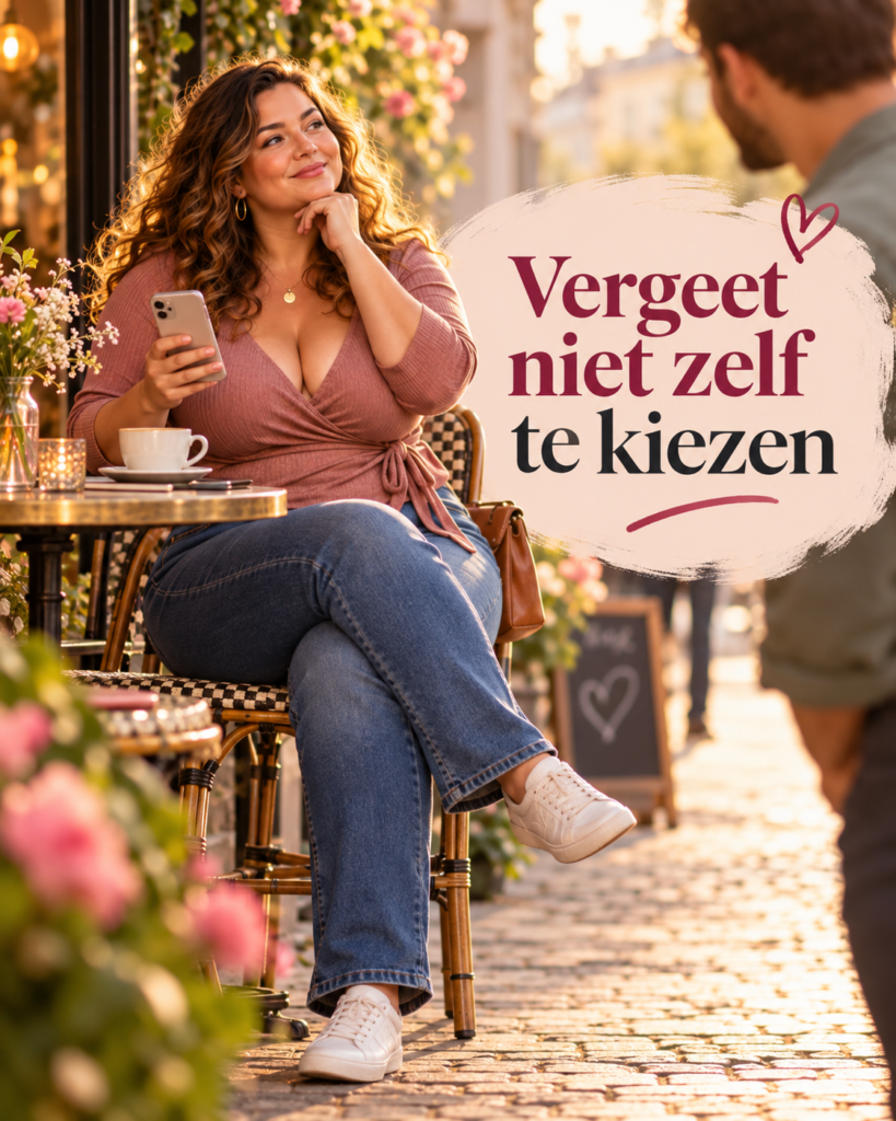 Volle vrouw op een date die bewust zelf bepaalt wie zij aantrekkelijk vindt