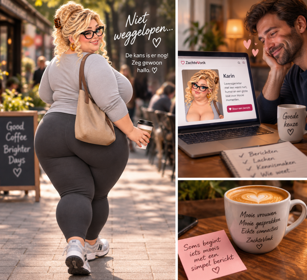 Collage van community, datingprofiel met avatar Karin en koffiemok met tekst ZachteVonk