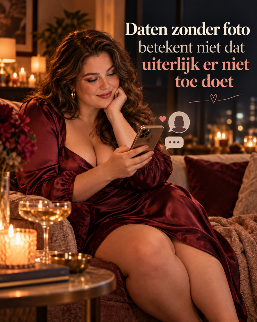 Volle vrouw kijkt ontspannen op haar telefoon tijdens anoniem daten zonder profielfoto